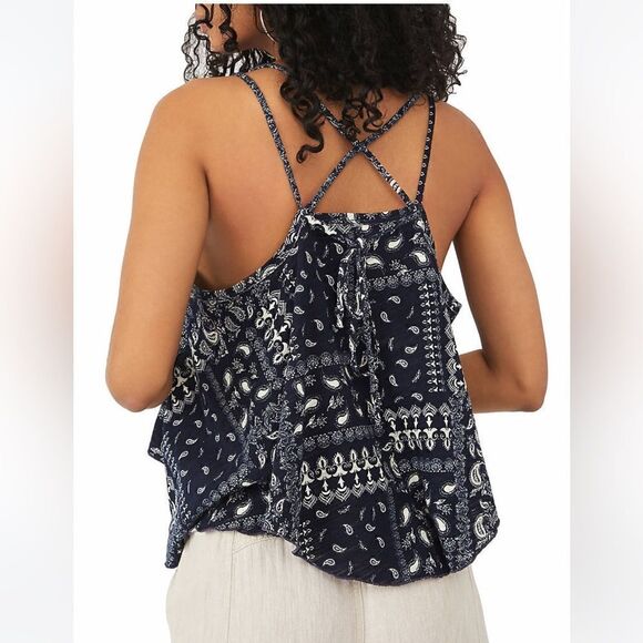 Like New Free People oversized floral cotton tank top navy M - Picture 2 of 6